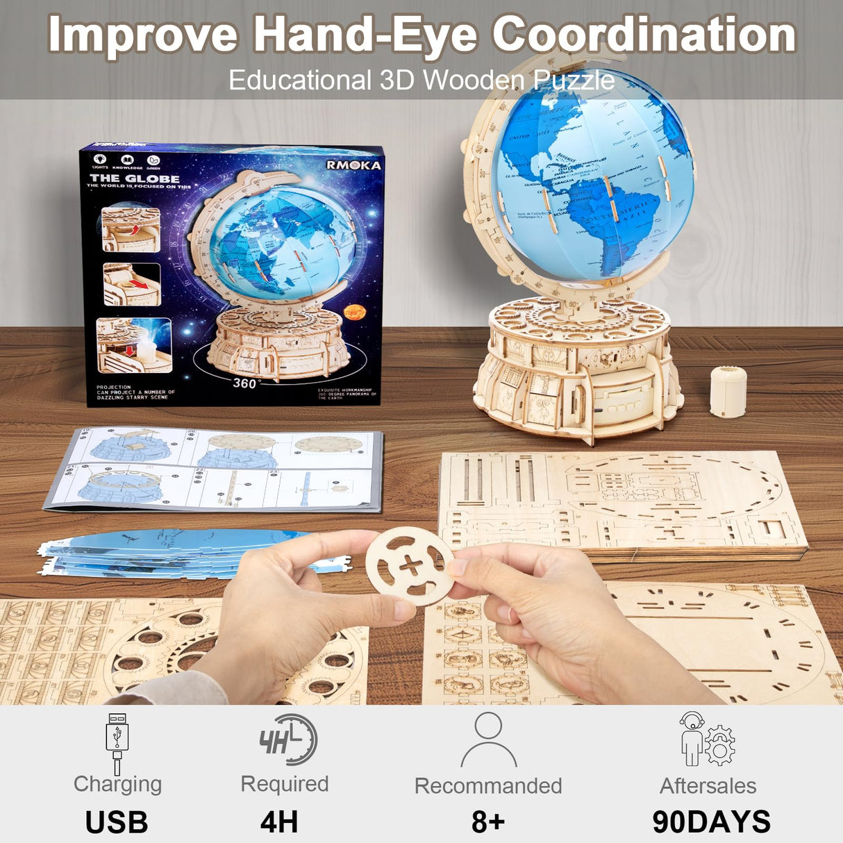 RMOKA 3D Wooden Puzzles for Adults Illuminated Globe with Stand 188pcs 3D Puzzles Model Kit Built-in LED Music Box Stem Toys Gifts for Adults/Teens RMOKA