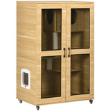 PawHut Cat House with Cat Tree Inside, Wheeled Kitty Cage for Indoor Cats with Scratching Posts, Condo, Flap Door, Cushion, Oak, 31.5" x 20" x 48.5" PawHut