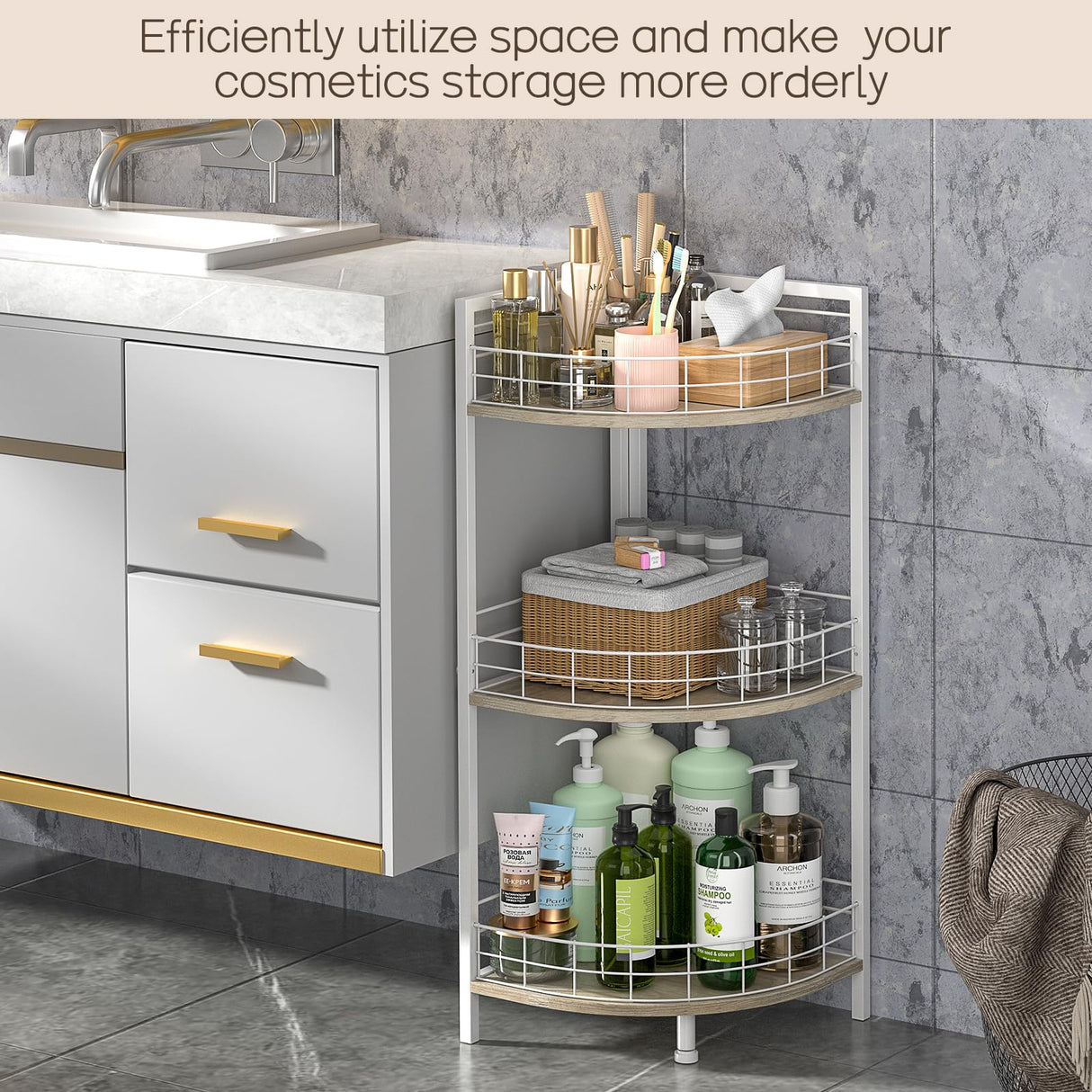 DAOUTIME Bathroom Standing Shelf, 3 Tier Free-Standing Shelf Units, Open Floor Shelves, Triangular Curved Corner Shelf Stand for Small Space, Ideal for Bathroom,Kitchen,Vanity Storage and Organizer DAOUTIME