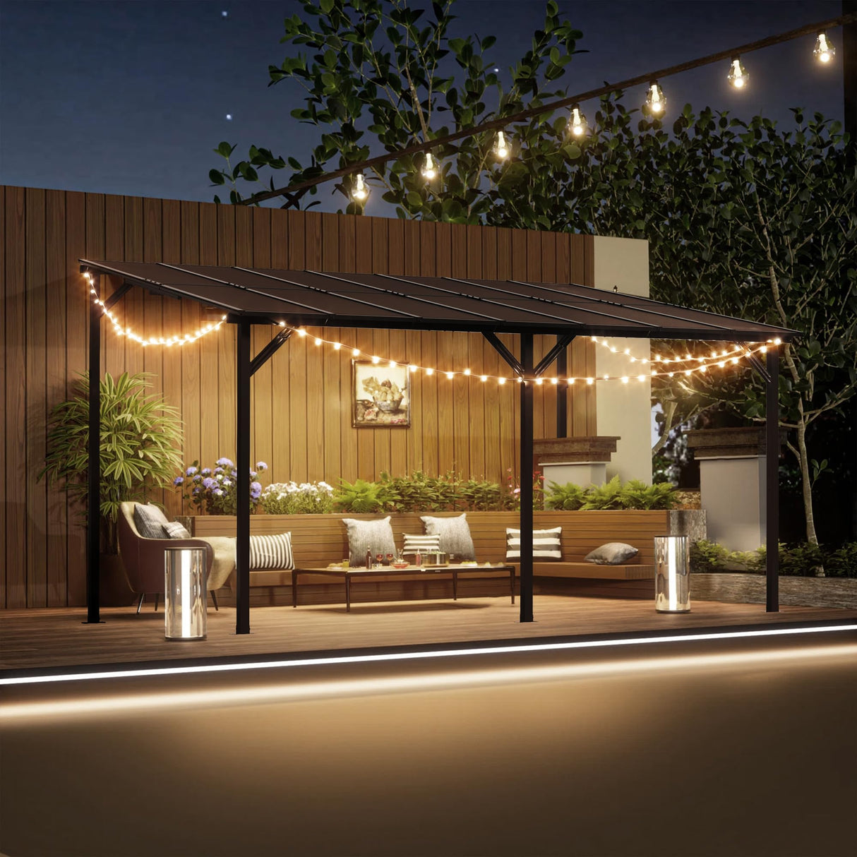 Oakcloud 10' x 14' Outdoor Wall Mounted Gazebo, Patio Lean to Gazebo Pergola with Sloped Roof, Large Heavy Duty Awning for Patio, Backyard, Deck Oakcloud