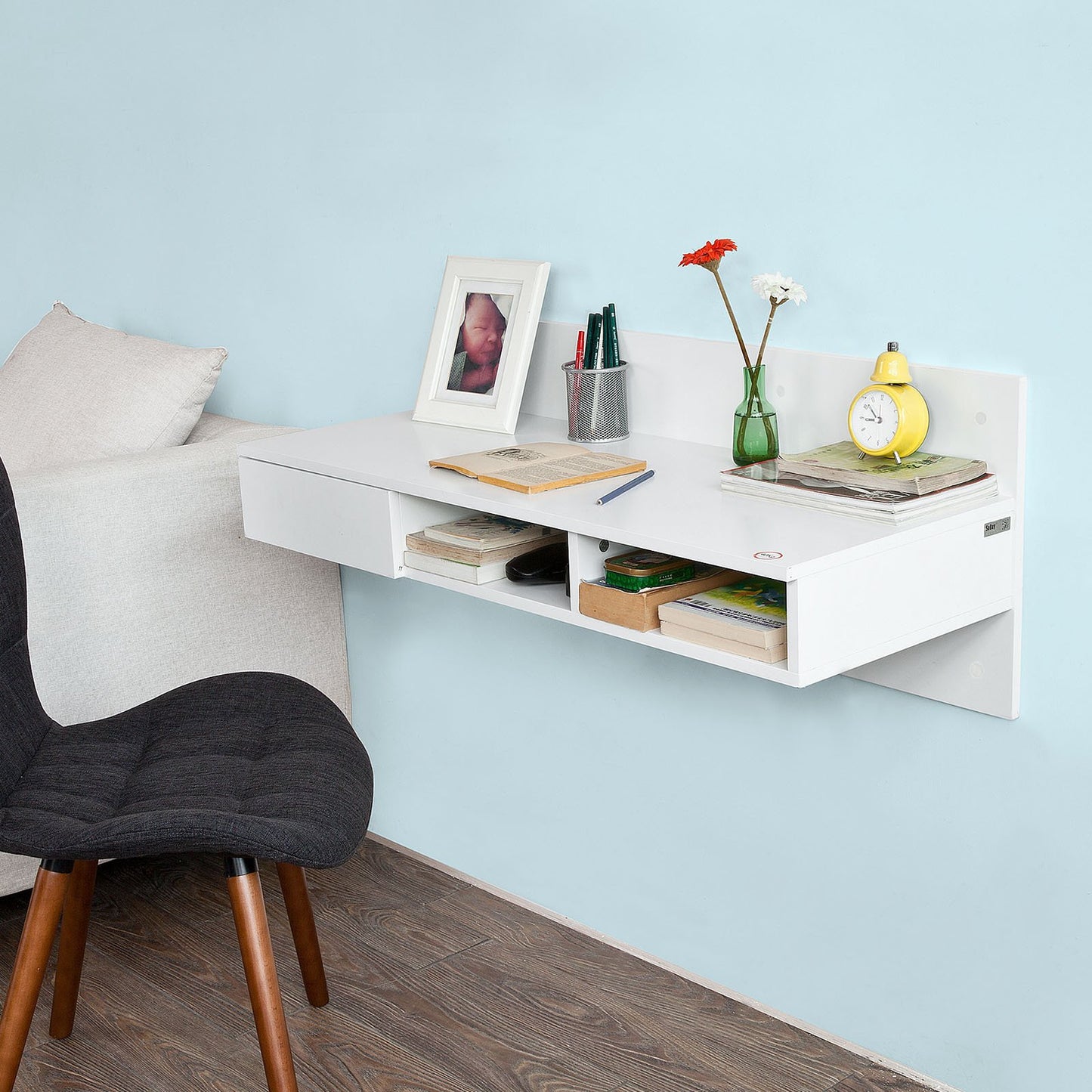 Haotian Wall-Mounted Folding Drop-Leaf Table with Storage Shelves - White - WoodArtSupply