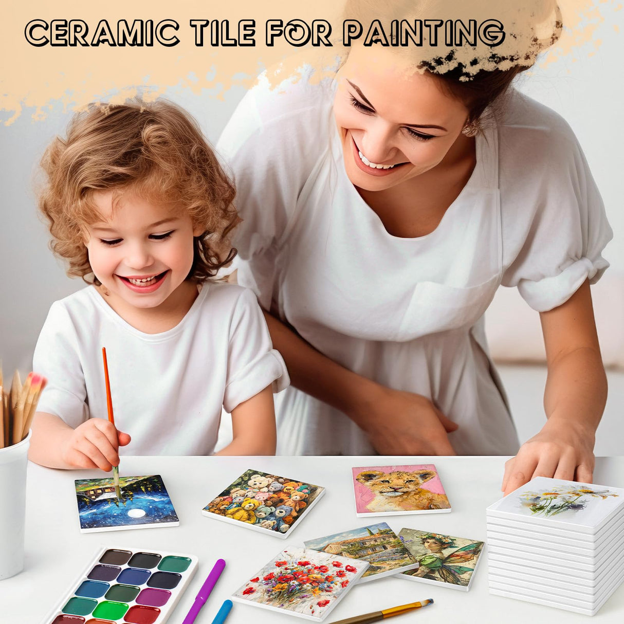 24 Pieces Sublimation Coasters, GOH DODD Glossy Ceramic Tiles for Crafts White Glazed Blanks with Cork for Drinks DIY Crafts Alcohol Ink Painting Heat Transfer Home Kitchen Decor, 4.25 Inch, Square GOH DODD