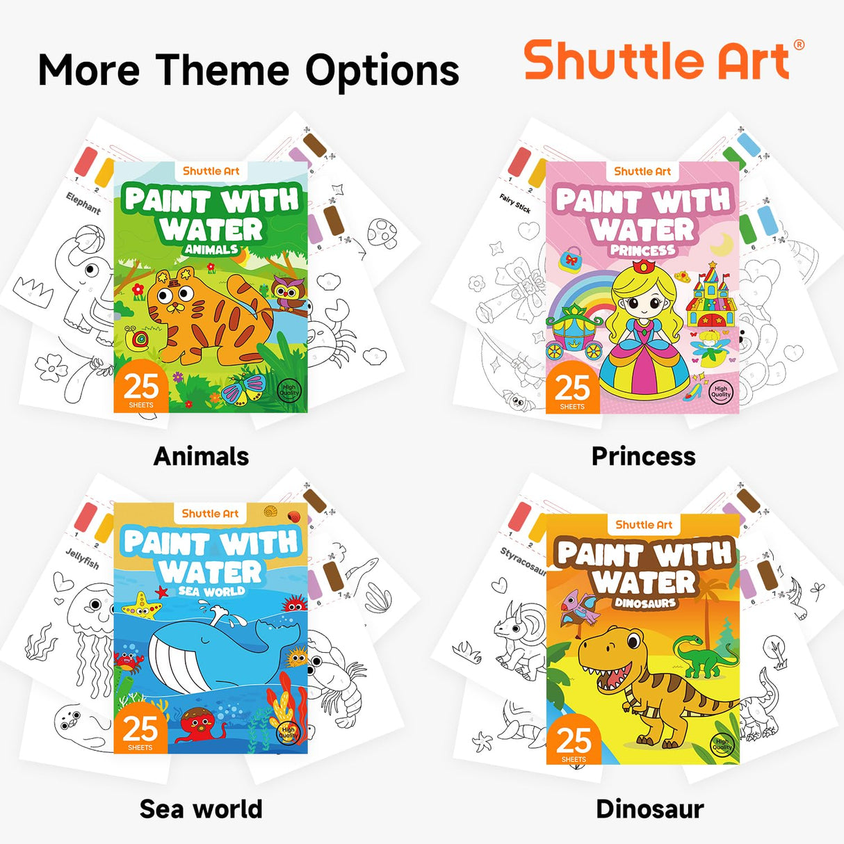 Shuttle Art Paint with Water Coloring Book for Kids, 25 Princess Themed Pages with 2 Brushes, Mess-Free Watercolor Paint Set, Travel-Friendly Art Craft Gift for Toddlers, Birthday Christmas Gift Shuttle Art