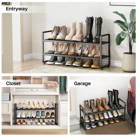 Shoe Rack - Expandable Shoe Organizer for Closet, Adjustable Metal Shoe Shelf Storage, 2 Tier Stackable Long Shoe Stand Holder for Garage, Entryway, Door Entrance, Black SNTD