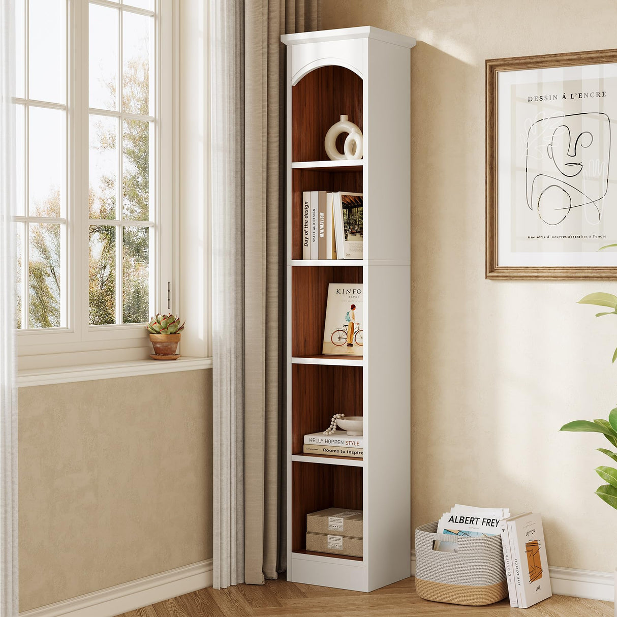 LITTLE TREE 70.9" Tall Bookcase, 5-Tier Open Bookcase with Cubes, Wood Bookshelf with Storage Space, Freestanding Narrow Bookcase for Home Office, White, 1 Pack LITTLE TREE