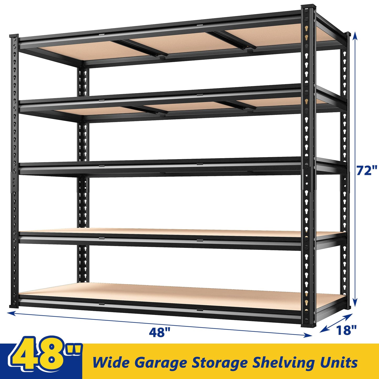 REIBII 48" W Garage Shelving, 3000LBS Storage Shelves Heavy Duty Shelving, 72" H Adjustable Metal Shelves for 5 Tier Garage Shelves Storage Rack Sturdy Industrial Shelving Unit, 72" H x 48" W x 18" D