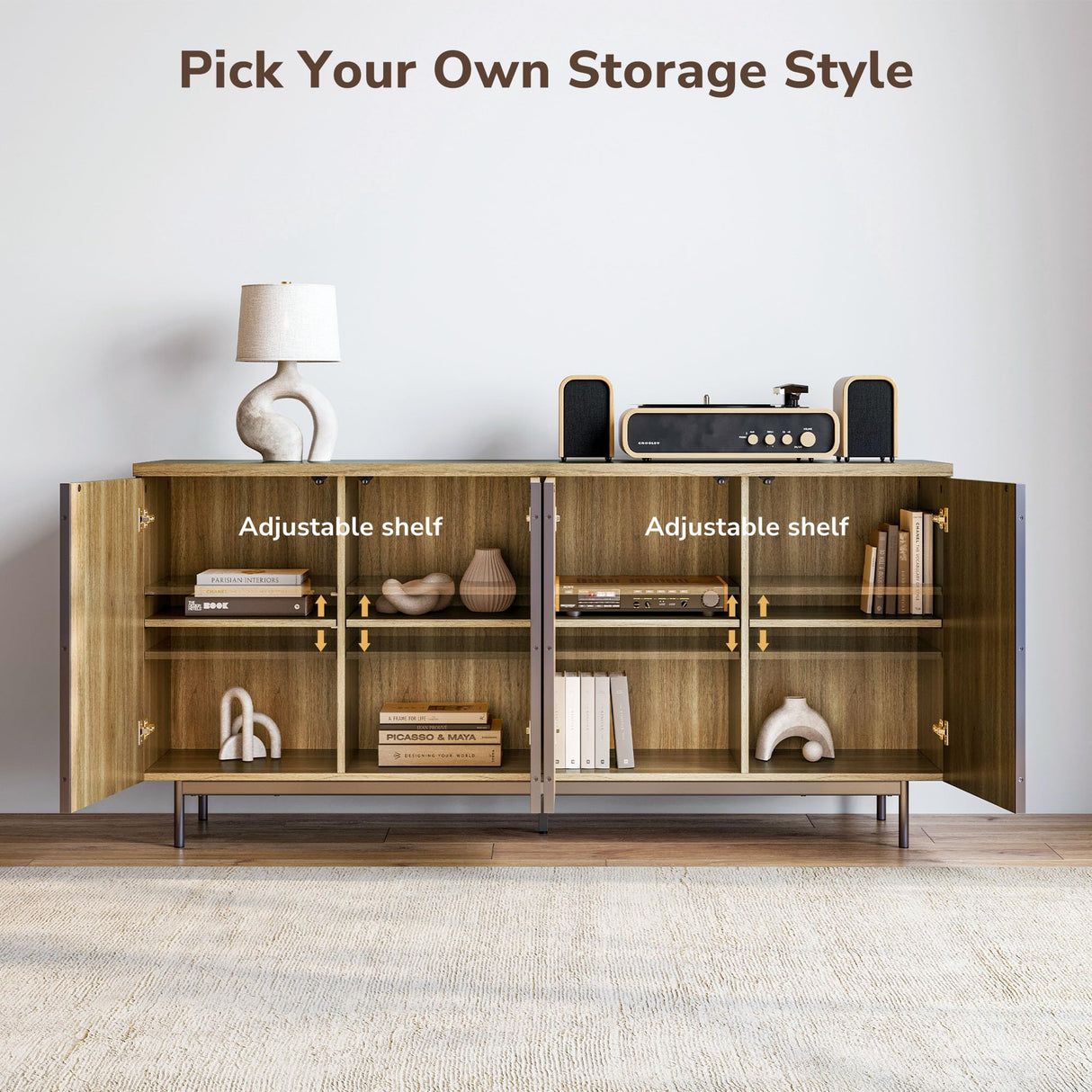 BELLEZE Sideboard Buffet Cabinet, 63" Storage Cabinet with Fluted Decorative Doors, Modern Console Table for Dinning Room, Kitchen & Living Room - Colemen (Camel) BELLEZE