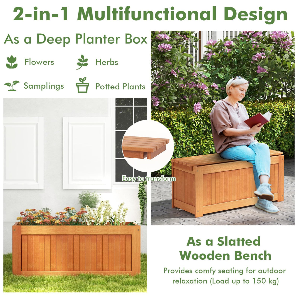 Toolsempire Outdoor Planter Bench, 45 Gallon Outdoor Bench Wooden Raised Garden Bed with Planter Box, 2-in-1 Wood Planter Bench Deck Plant Box for Porch, Patio, Garden & Backyard Toolsempire