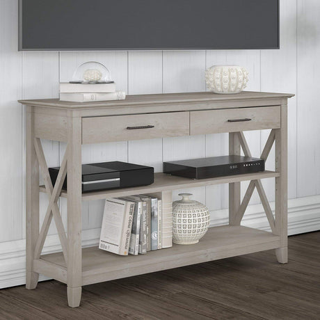 Bush Furniture Key West Console Table with Drawers and Shelves in Washed Gray Bush Business Furniture