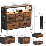YILQQPER Dresser for Bedroom TV Stand with Power Outlets and LED Light, 6 Drawers Dresser with Side Pockets & Hooks, Wide Dresser with Shelves for 45" TV, Fabric Chest of Drawers, Rustic Brown YILQQPER