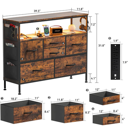 YILQQPER Dresser for Bedroom TV Stand with Power Outlets and LED Light, 6 Drawers Dresser with Side Pockets & Hooks, Wide Dresser with Shelves for 45" TV, Fabric Chest of Drawers, Rustic Brow - WoodArtSupply