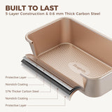 HONGBAKE 9-Piece Baking Pans Set Nonstick, Stackable Non Toxic Bakeware Sets with Diamond Texture, Oven Pan Set for Cooking, Includes Cookie Sheet with Rack, Cake Pan, Roasting Pan, Muffin Pan, Gold HONGBAKE