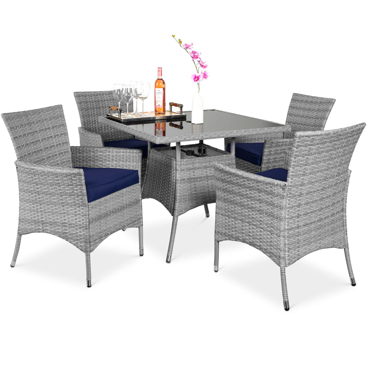 Best Choice Products 5-Piece Indoor Outdoor Wicker Dining Set Furniture for Patio, Backyard w/Square Glass Tabletop, Umbrella Cutout, 4 Chairs - Navy Best Choice Products