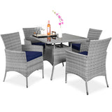 Best Choice Products 5-Piece Indoor Outdoor Wicker Dining Set Furniture for Patio, Backyard w/Square Glass Tabletop, Umbrella Cutout, 4 Chairs - Navy Best Choice Products