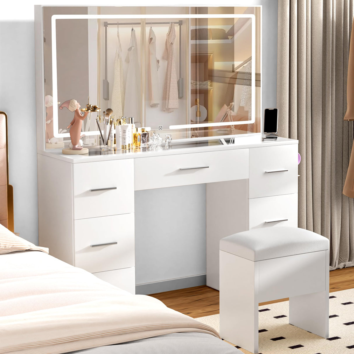 VALONDINO Makeup Vanity Desk with Power Outlet, 46'' Glass Top Vanity Set, 7 Drawers Vanity Table with Cushioned Stool, 3 Lighting Modes Brightness Adjustable,White VALONDINO