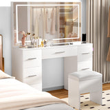 VALONDINO Makeup Vanity Desk with Power Outlet, 46'' Glass Top Vanity Set, 7 Drawers Vanity Table with Cushioned Stool, 3 Lighting Modes Brightness Adjustable,White VALONDINO