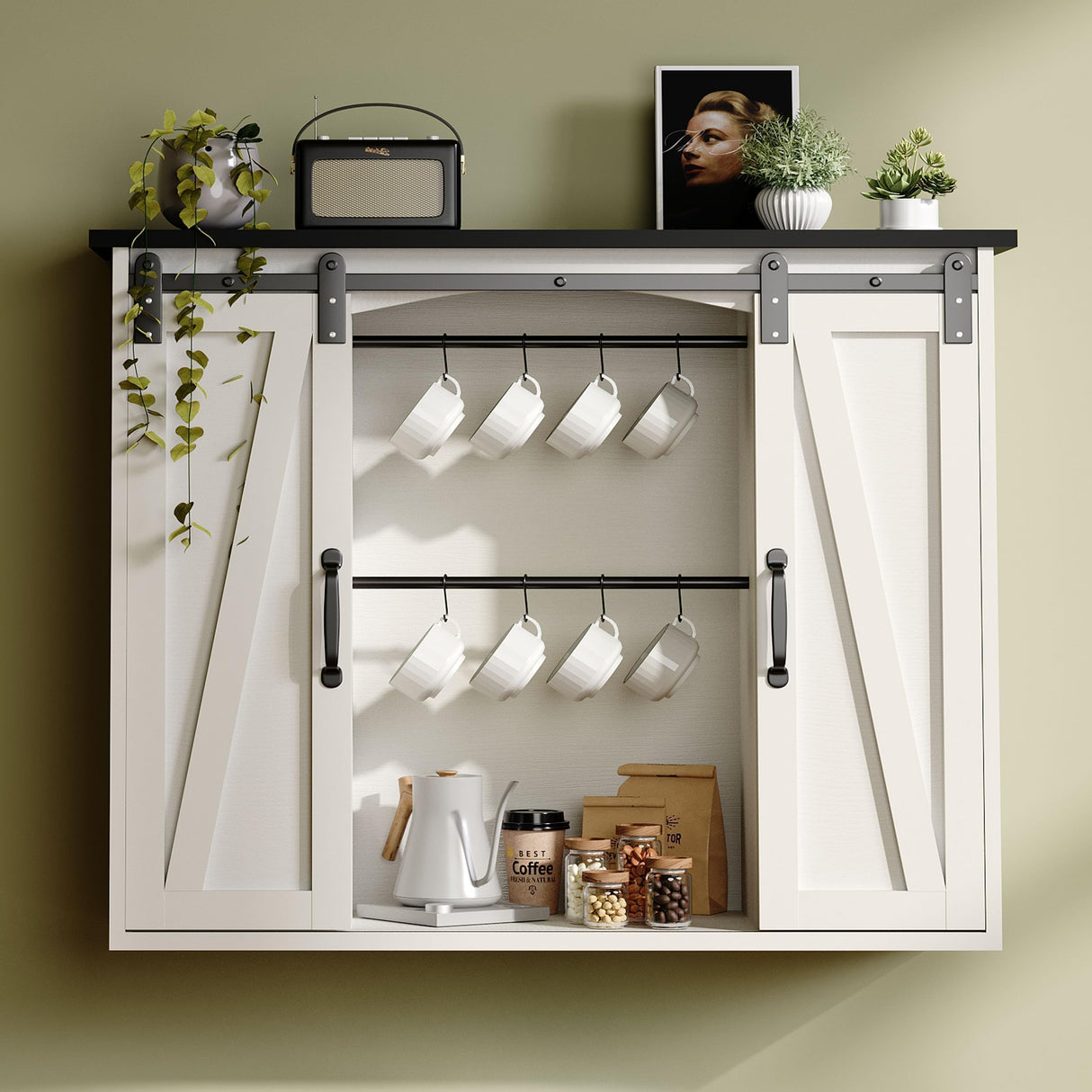 4ever2buy Farmhouse Coffee Bar with Storage, 31.5 Inch Floating Kitchen Wall Cabinet with 6 Hooks for Wall, Wall Mount Cabinet with Barn Door for Living Room, White Kitchen Wall Cabinet 4ever2buy