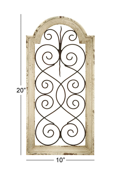 Deco 79 Wood Scroll Home Wall Decor Arched Window Inspired Wall Sculpture with Metal Scrollwork Relief, Wall Art 10" x 1" x 20", White