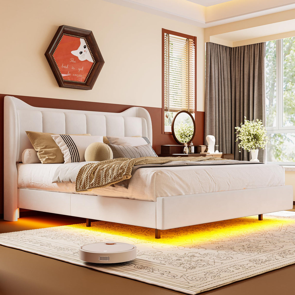 LIKIMIO King Bed Frame with Headboard, Velvet Upholstered Platform Bed with LED Light, Solid Wood Slats Support, No Box Spring Needed, Cream LIKIMIO