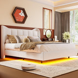 LIKIMIO King Bed Frame with Headboard, Velvet Upholstered Platform Bed with LED Light, Solid Wood Slats Support, No Box Spring Needed, Cream LIKIMIO