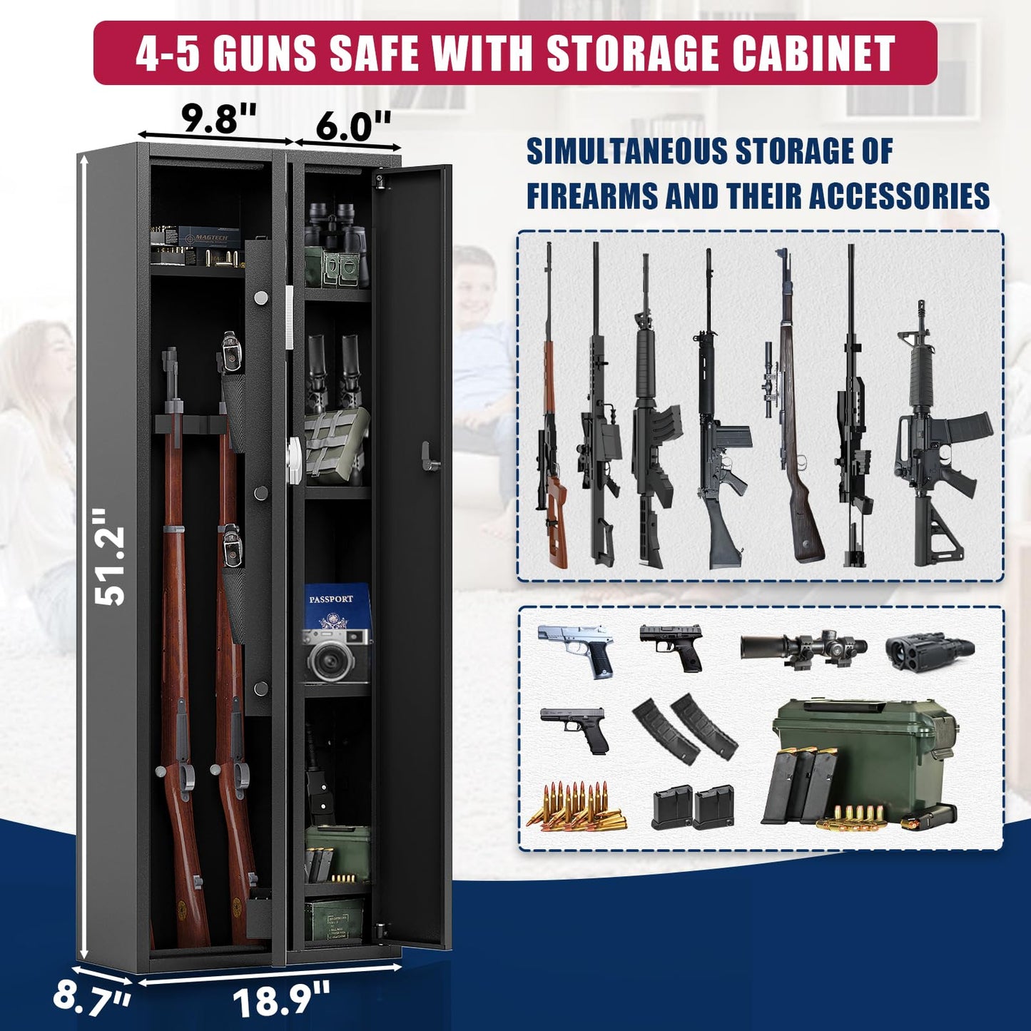 KAER 4-5 Gun Safe, Gun Safe for Rifles and Pistols, Large Gun Safes for Home and Shotgun, Gun Cabinet for Home, Gun Safes & Cabinets, Quick Access Gun Safe, Gun Safe with Removable Shelf and  - WoodArtSupply