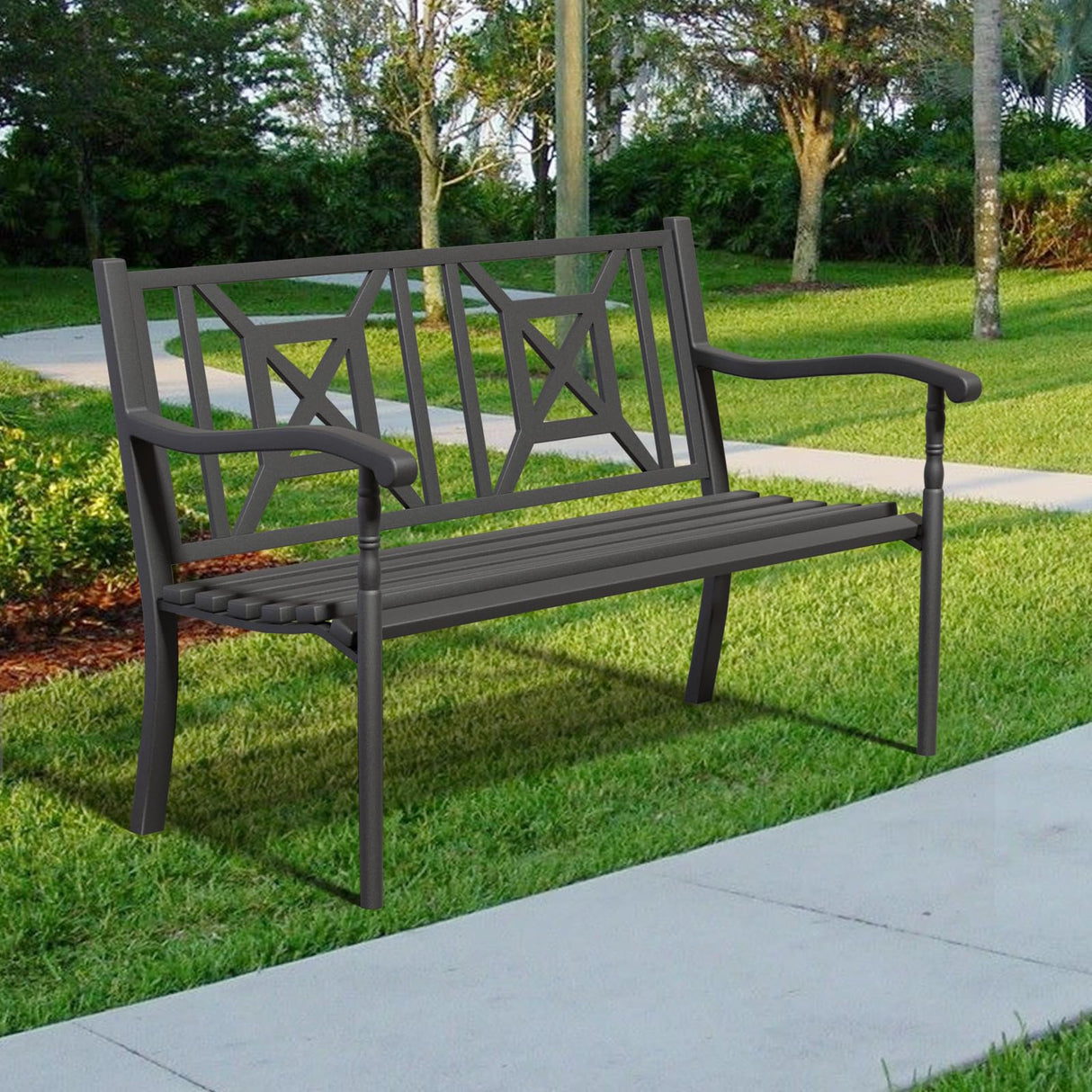 JMGJOY Metal Outdoor Bench, Weatherproof Garden Bench with Square Pattern Backrest and Armrests, for Patio, Porch, Park, Lawn JMGJOY