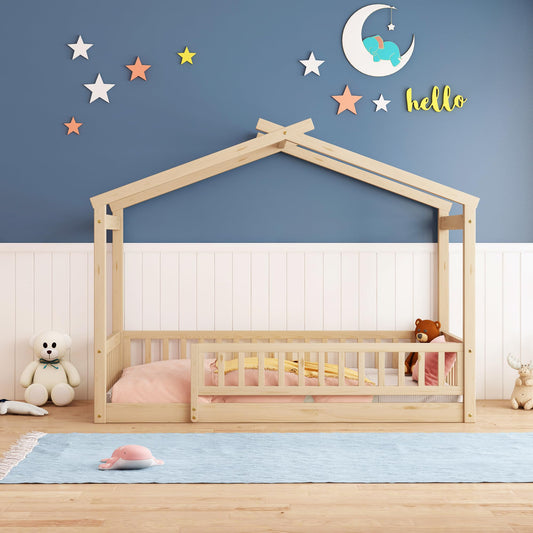 Bellemave Twin Size Natural Wood Montessori House Bed Frame for Kids - WoodArtSupply