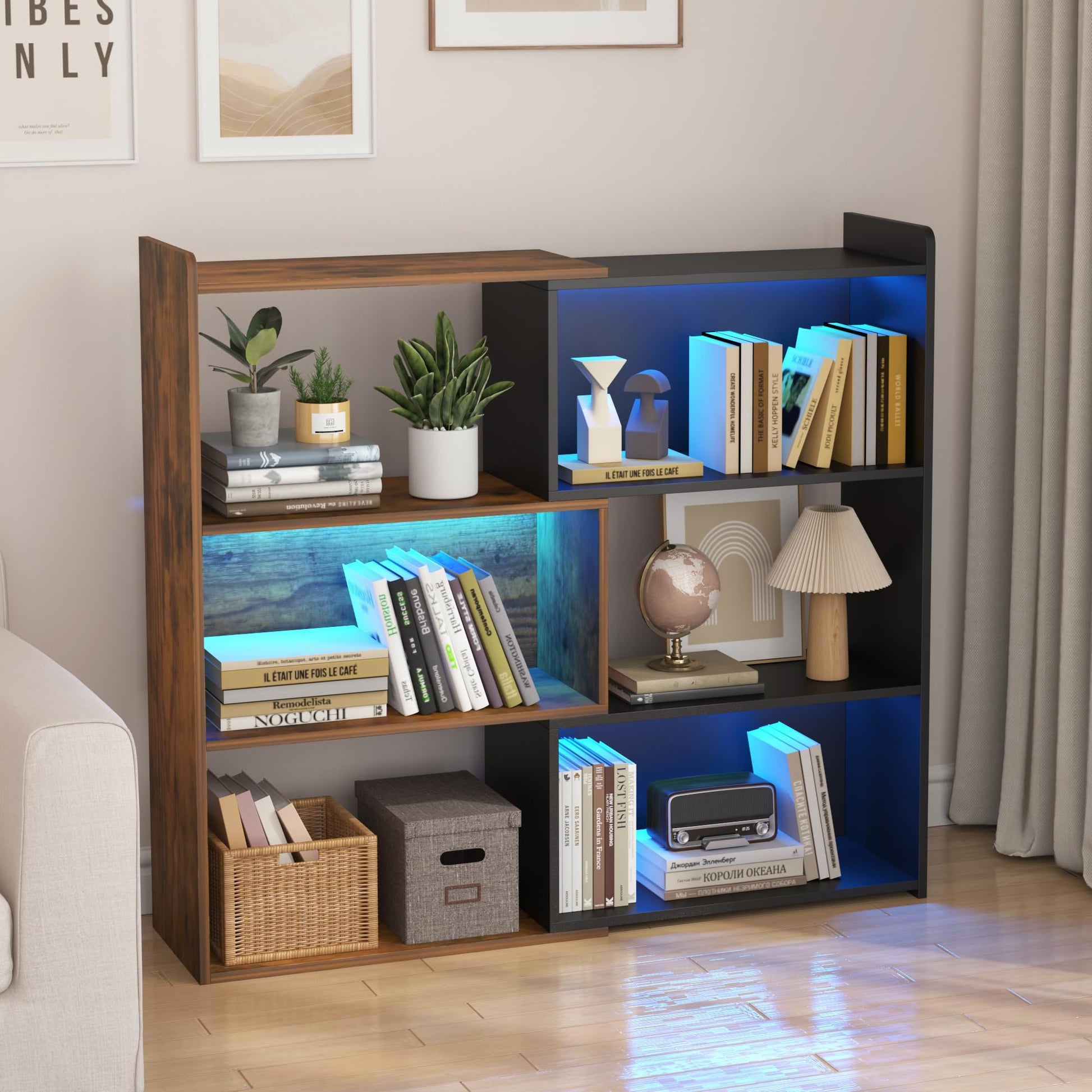 NAIYUFA 4-Tier L-Shaped Corner Bookshelf with LED Lighting - Versatile Storage Solution for Home & Office - WoodArtSupply