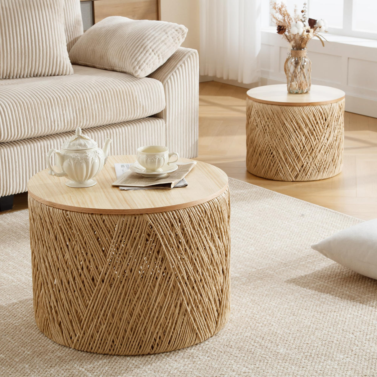 LZAREAL Farmhouse Round Coffee Table with Storage Boho Living Room Table with Lifting Top Hand-Woven Rattan Nesting Coffee Tables for Living Room, Natural LZAREAL