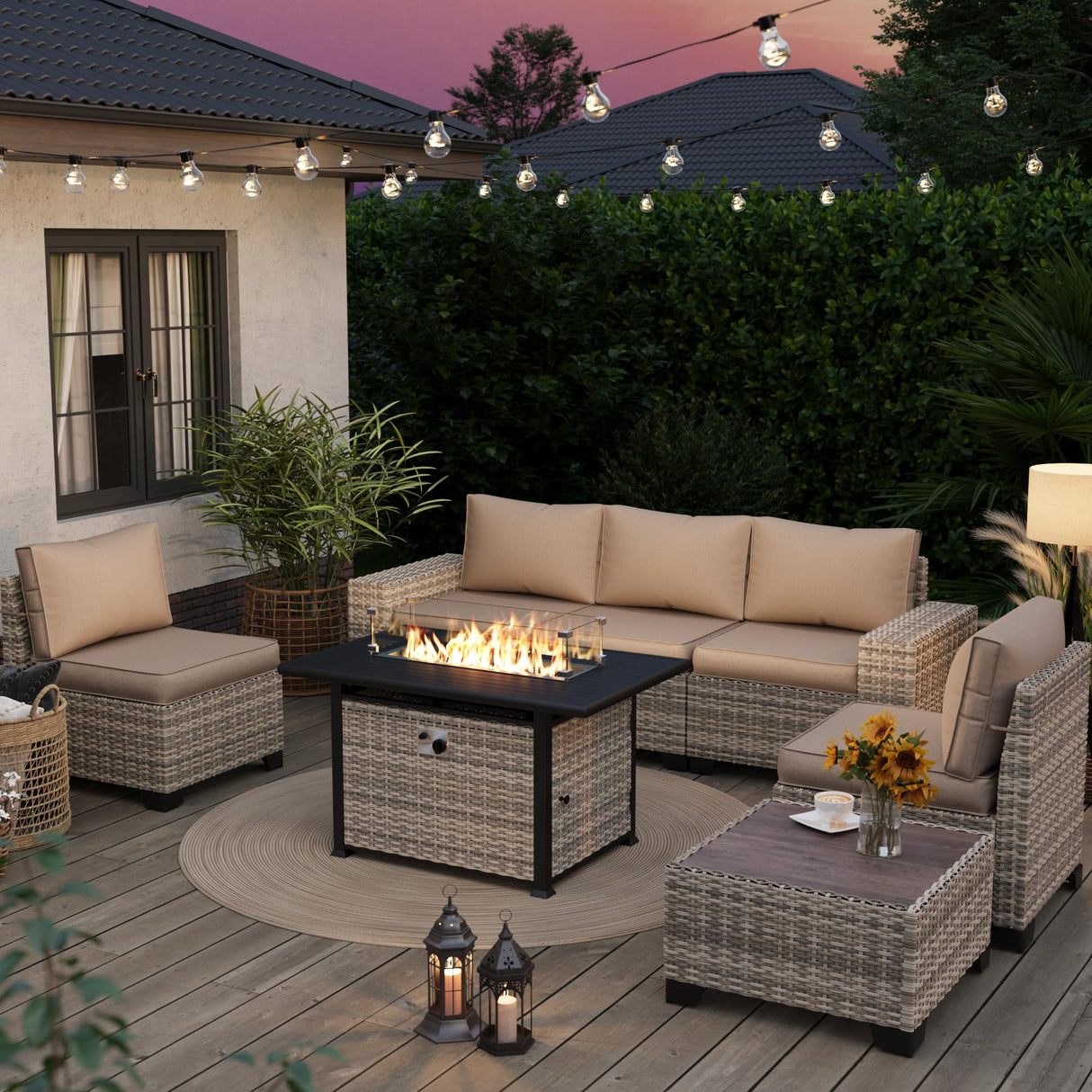 Muphyers 7-Piece Outdoor Patio Furniture Set with 55,000 BTU Fire Pit Table, PE Wicker Rattan Sectional Sofa Patio Conversation Set with Thickened Cushions & Coffee Table, Sand Muphyers