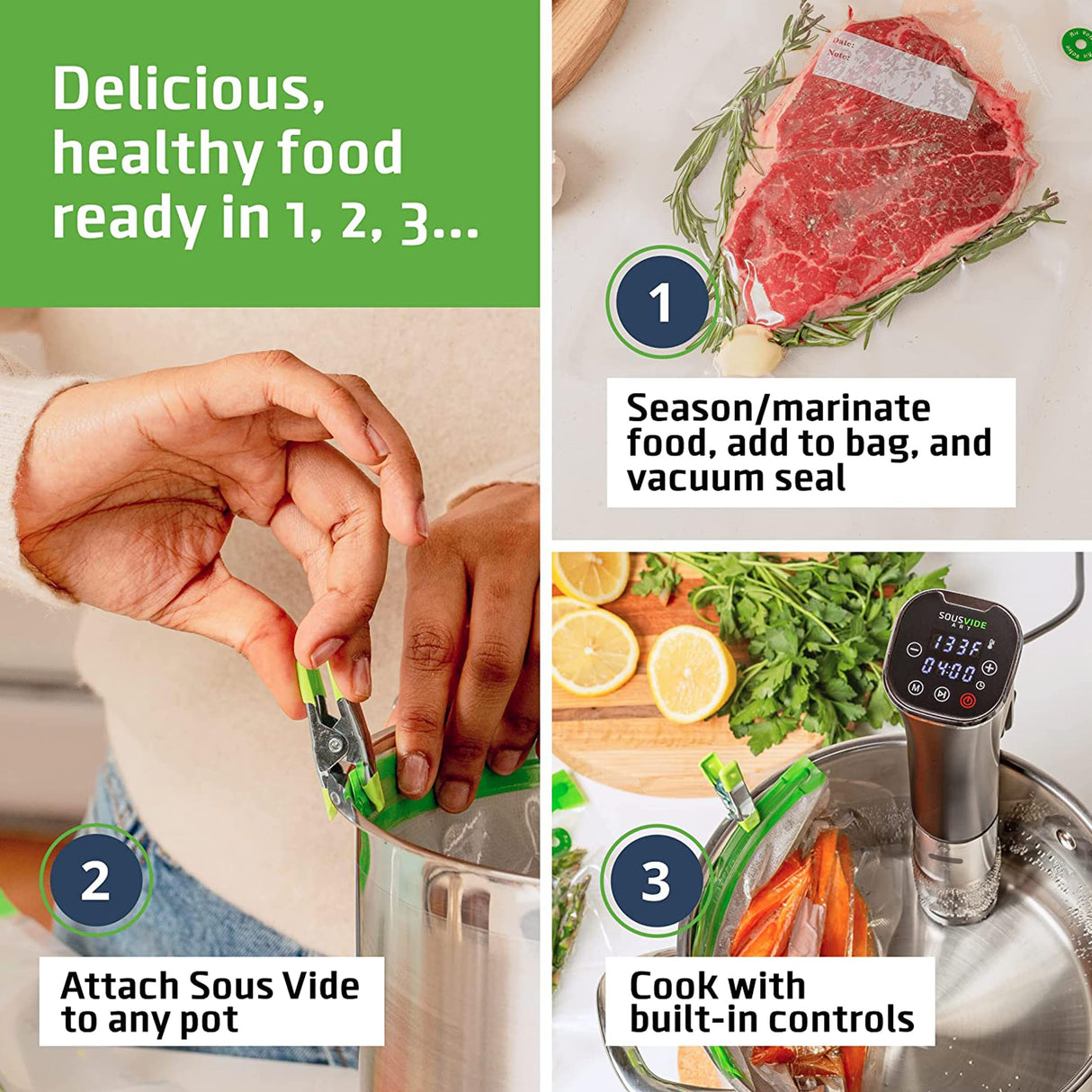 SOUSVIDE ART Sous Vide Immersion Cooker Kit - Machine with Digital Timer, Temp Control, 30 Bags, Vacuum Pump, Suvee Cooker Gift for Chefs SOUSVIDE ART