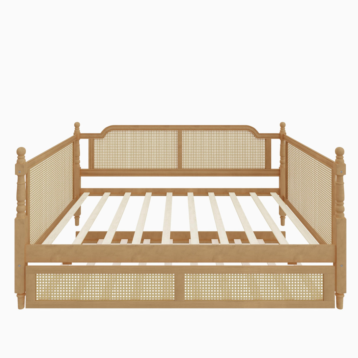 SOFTSEA Twin Size Rattan Wood Daybed with Trundle, Traditional Style Daybed with Trundle, Twin Trundle Bed with Sturdy Wooden Slats for Kids, Girls, Boys, No Box Spring Needed, Easy Assembly, Walnut SOFTSEA