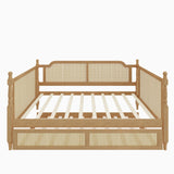 SOFTSEA Twin Size Rattan Wood Daybed with Trundle, Traditional Style Daybed with Trundle, Twin Trundle Bed with Sturdy Wooden Slats for Kids, Girls, Boys, No Box Spring Needed, Easy Assembly, Walnut SOFTSEA