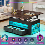 Itaar Lift Top Coffee Table, 4 in 1 Coffee Tables with Storage and Hidden Compartment, Farmhouse Coffee Table with 2 Fabric Drawers & LED Light for Living Room, Black Itaar