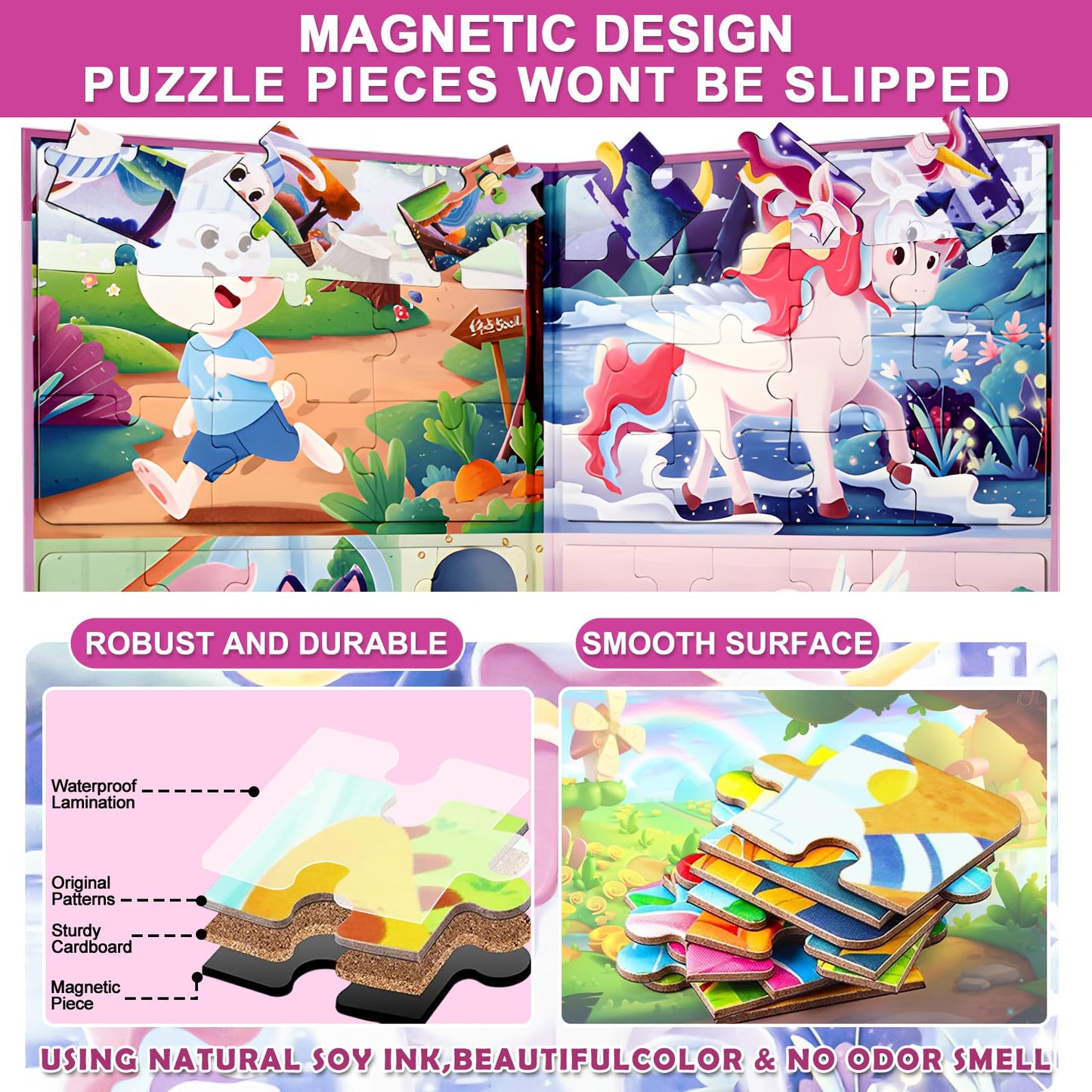 Magnetic Puzzles for Kids Ages 3-5, A4 Size Toddler Unicorn Magnet Jigsaw Puzzle Book, Kids Travel Puzzles Toys, Montessori Preschool Learning Toy for 3-8 Year Olds Boys and Girls