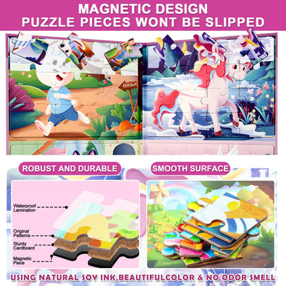 Magnetic Puzzles for Kids Ages 3-5, A4 Size Toddler Unicorn Magnet Jigsaw Puzzle Book, Kids Travel Puzzles Toys, Montessori Preschool Learning Toy for 3-8 Year Olds Boys and Girls