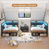 DICTAC Twin Size Bed Frame with 2 Storage Drawers & Charging Station twin Platform Corner Bed Frame with Led Lights Twin Daybed With Upholstered Guardrail for Living Room, Bedroom and Guest Room, Gray DICTAC