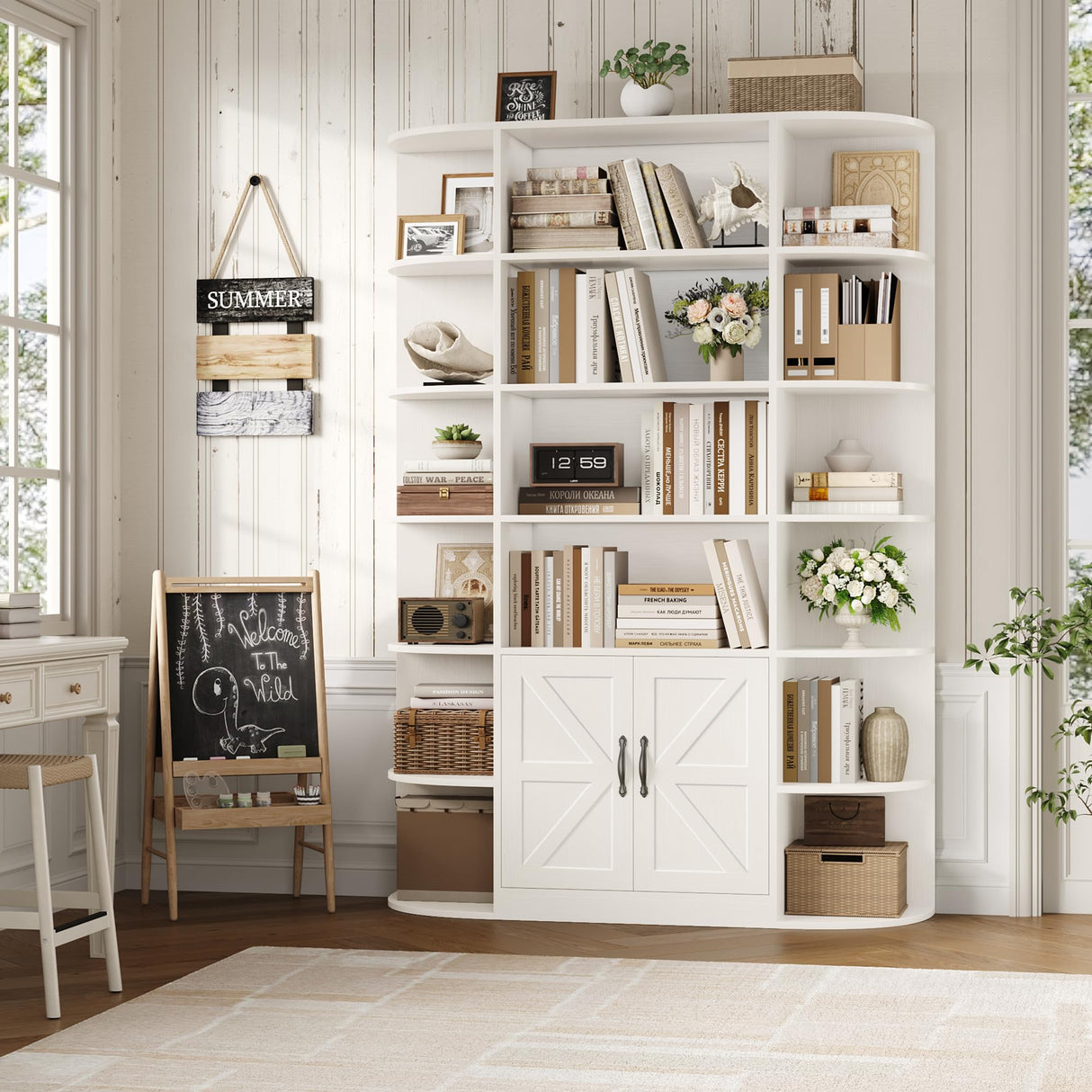 HOSTACK 75" Tall Book Shelf and Bookcase, 6 Tier Bookshelf with Storage, 47" Wide Bookcase with Doors, Freestanding Wood Display Shelves with Book Storage Cabinet for Home Office, Living Room, White HOSTACK