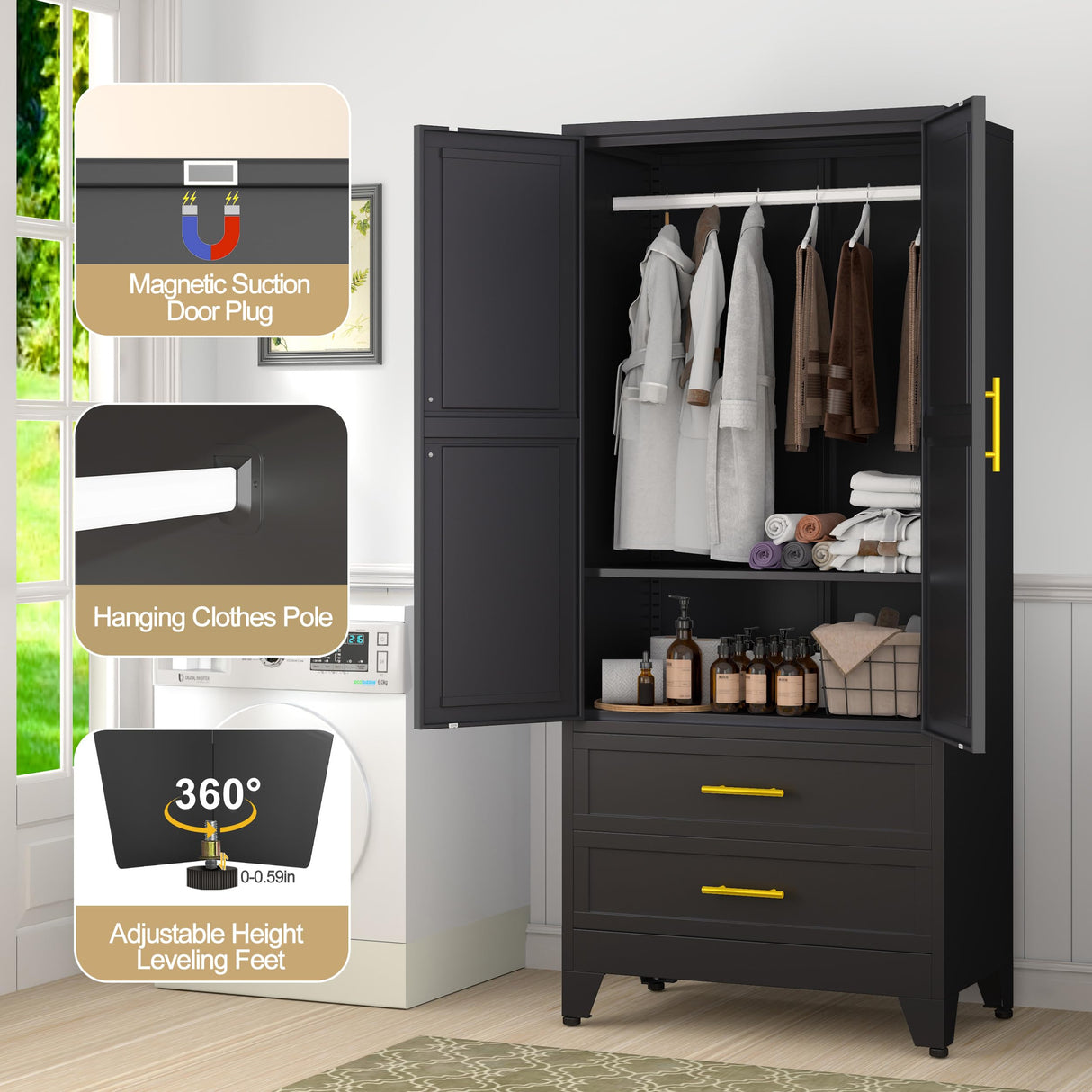 GAIOUS Steel Armoire Wardrobe Closet, 71" Metal Clothing Storage Cabinets with 2 Doors, 1 Adjustable Shelf and 2 Drawers, Metal Wardrobe Cabinet with Hanging Rod for Bedroom, Gym, Cloak Room (Black) GAIOUS