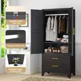 GAIOUS Steel Armoire Wardrobe Closet, 71" Metal Clothing Storage Cabinets with 2 Doors, 1 Adjustable Shelf and 2 Drawers, Metal Wardrobe Cabinet with Hanging Rod for Bedroom, Gym, Cloak Room (Black) GAIOUS