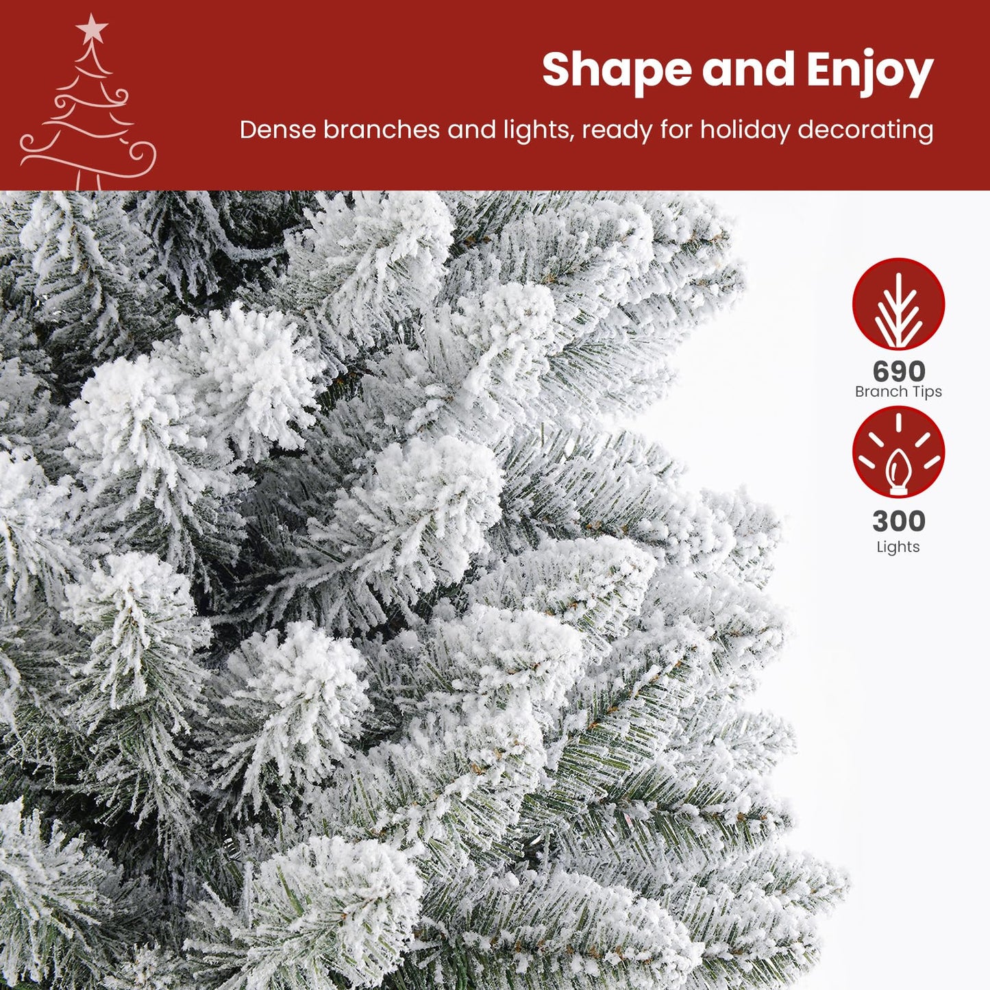 SHareconn 7.5ft Prelit Snow Flocked Artificial Hinged Slim Pencil Christmas Tree with Warm White Lights, Full Branch Tips, Perfect Choice Decoration for Xmas Holiday, 7.5 FT, Flocked Green