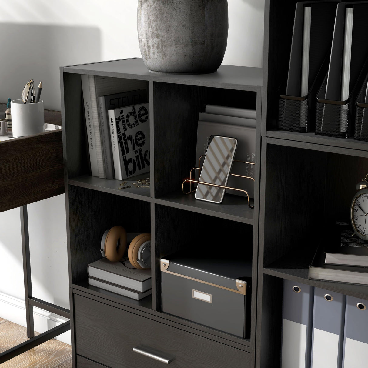 HOMES: INSIDE + OUT Apexa 4 Cube Storage Organizer Shelves, Stackable Wood Bookcase Fits Cubby Bins for Organization, Dorm Teen Room Decor & Home Office, Black HOMES: INSIDE + OUT