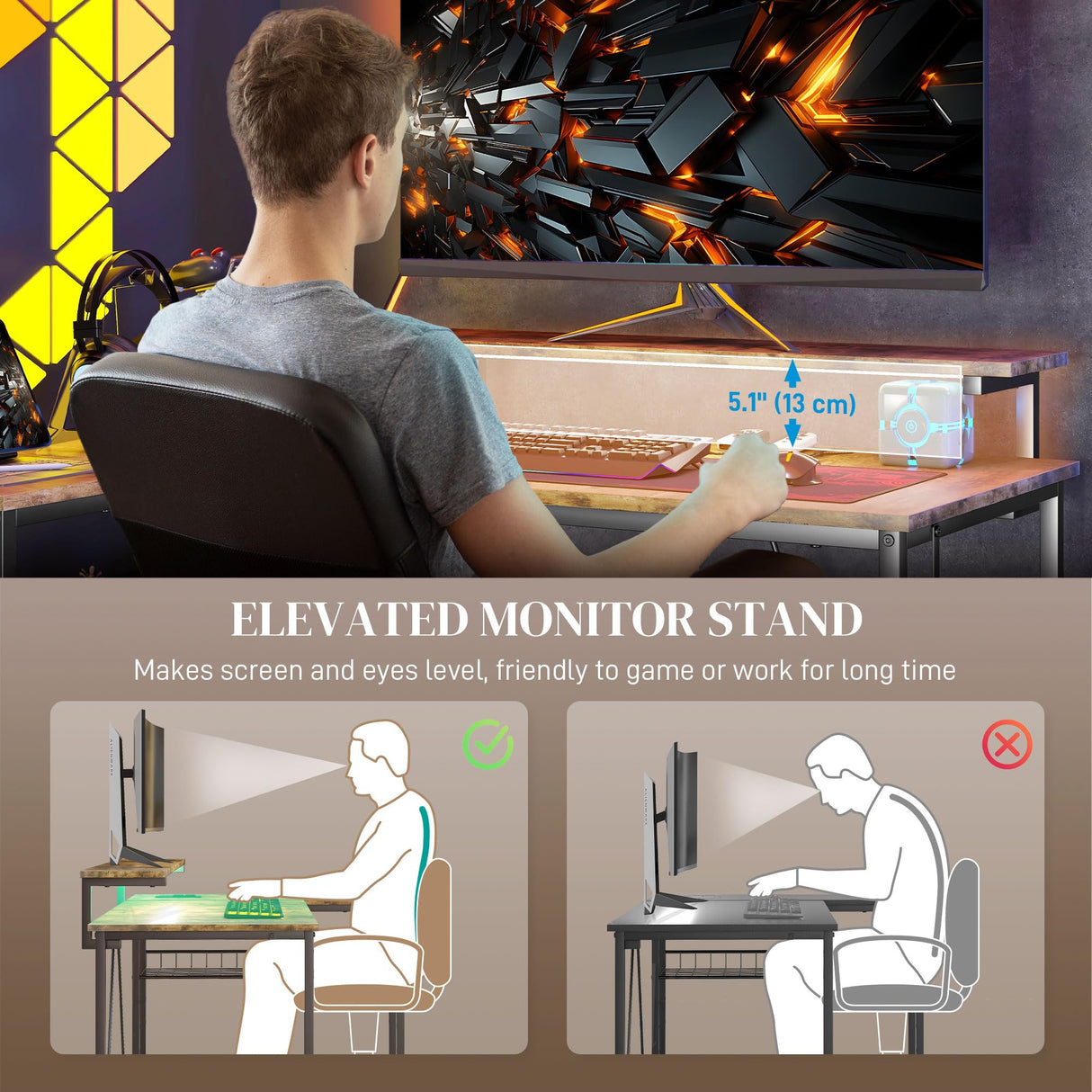 HOMCOM 42" L Shaped Desk with LED Lights, Power Outlet, USB Charging Ports, Reversible L Shaped Computer Desk with Storage Shelves, Monitor Stand, Corner Gaming Desk for Home Office, Rustic Brown HOMCOM