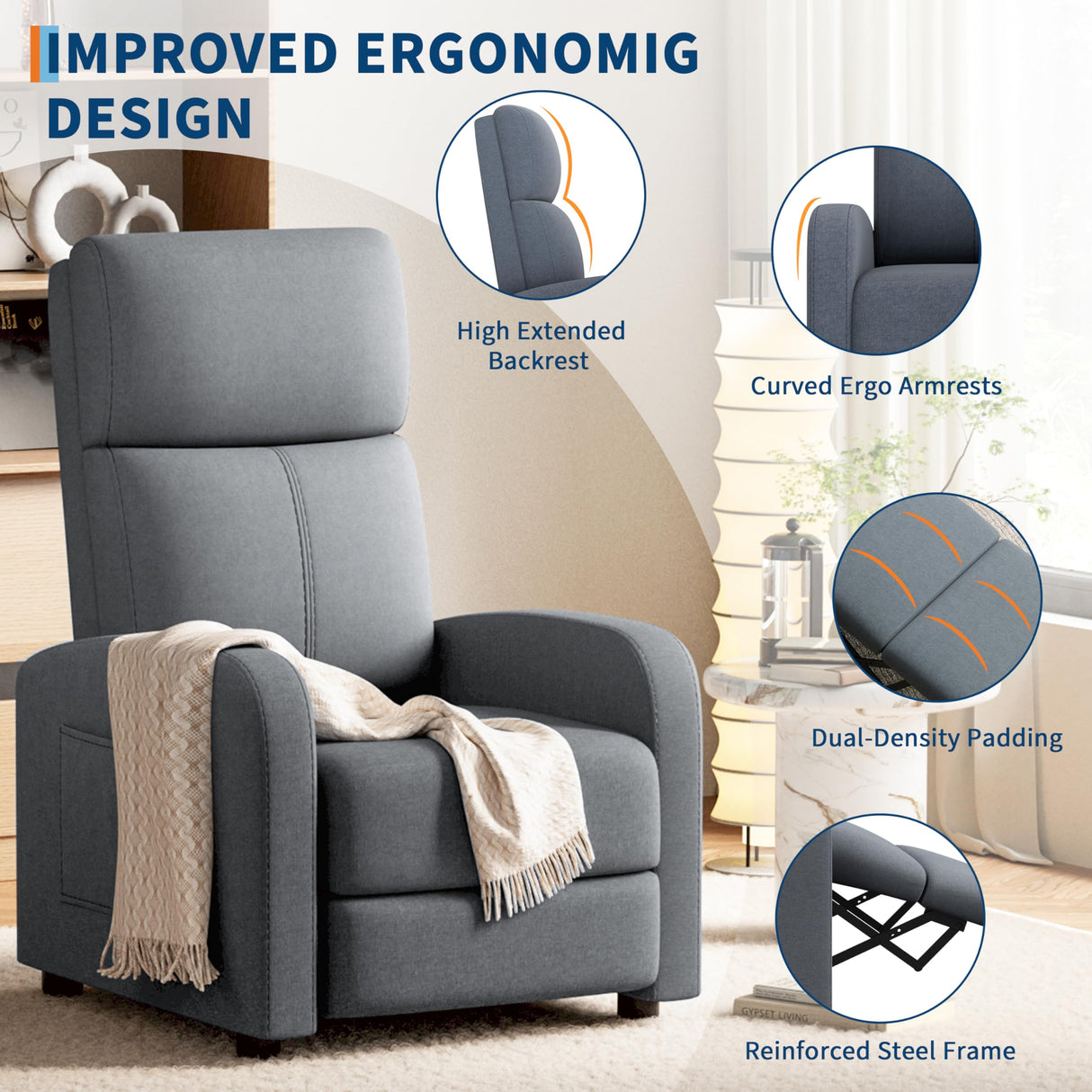 GarveeHome Linen Fabric Manual Recliner Chair, with Side Pocket, High Backrest, Thick Cushion, Adjustable Push Back Recliner,Cozy Lounge Chair for Living Room, Home Theater, Bedroom, Dark Gray GarveeHome