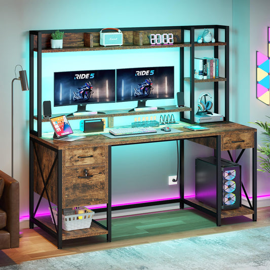 YITAHOME Computer Desk with Drawers & Hutch, 59.1" Office Desk with LED Lights & Power Outlets, Gaming Desk with Monitor Stand & Storage Shelves, Rustic Brown