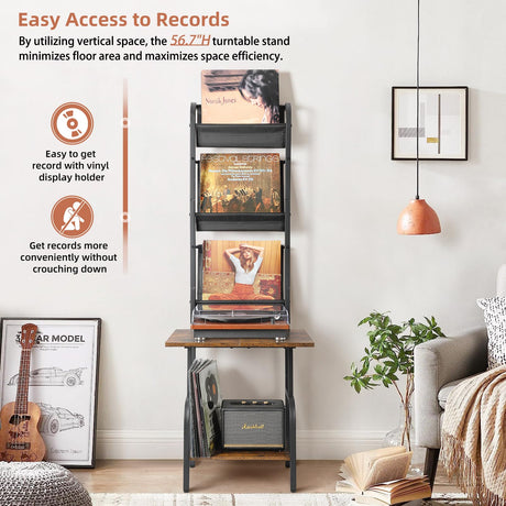 Record Player Stand with Vinyl Storage, Record Player Table with Vinyl Record Storage up to 200 Albums, Turntable Stand with Record Holder Vinyl Display Shelf, Record Player Cabinet Organizer Rack Tewinko