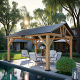 AMERLIFE 13x15 ft Spruce Wood Gazebo, Outdoor Gazebo with Bar Storage, Hardtop Wooden Paviloinwith Metal Steel Gable Roof, Patio, Garage, Black + Natural Wood AMERLIFE