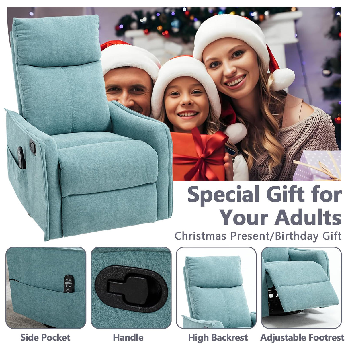 Massage Chair Recliner with Heat, Swivel Rocking Chair Recliner with High Back, Manual Nursery Recliners for Adults,Small Recliner Chair for Small Spaces, Living Room Bedroom, Fabric (Blue Green) Thctvous