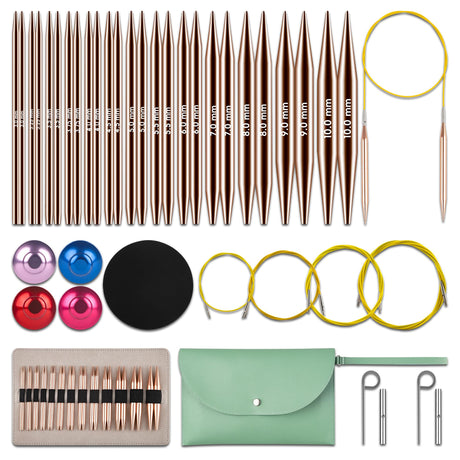 KoovDem Interchangeable Circular Knitting Needles Set - 13 Pairs | Premium Aluminum Needles & Accessories | Rose Gold KoovDem