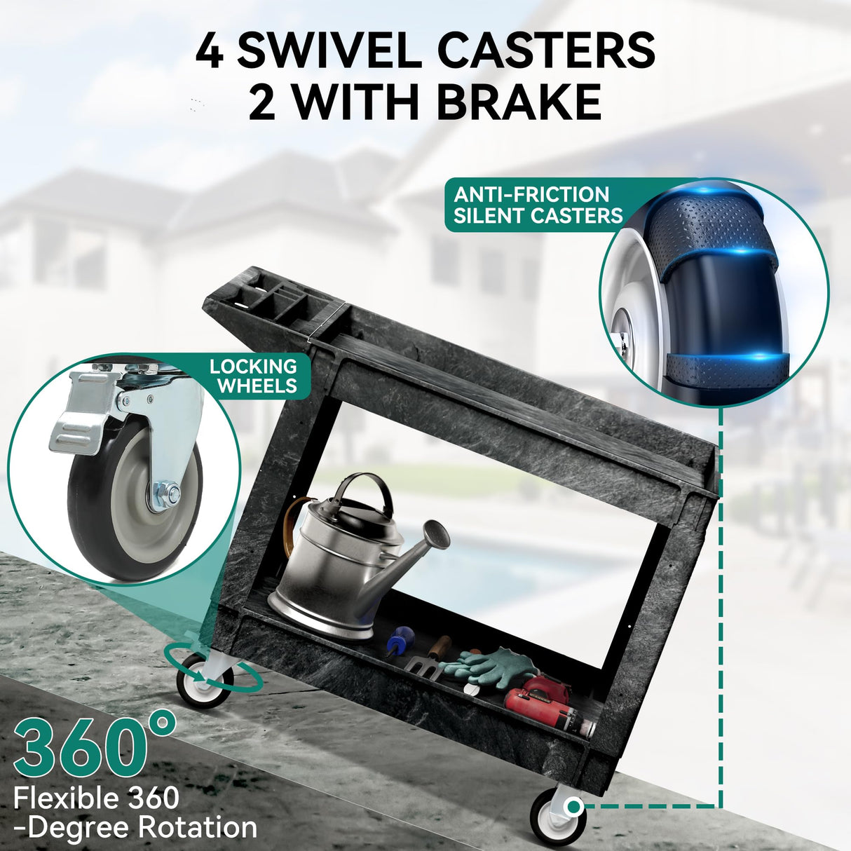 YITAHOME Utility Cart on Wheels, 550 lbs Capacity, 45 x 25 Inch Rolling Work Carts with Wheels, 2 Shelf Heavy Duty Plastic Service Cart Suitable for Warehouse, Garage, School & Office, Cleaning, Black YITAHOME